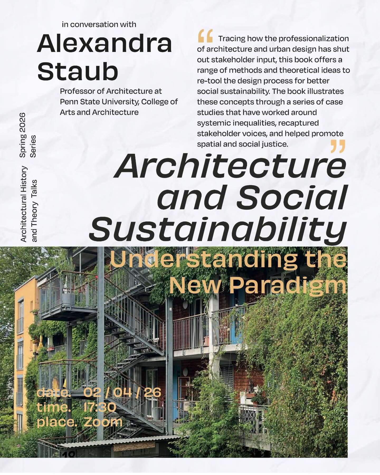Book Talk: “Architecture and Social Sustainability: Understanding The New Paradigm” in conversation with Alexandra Staub